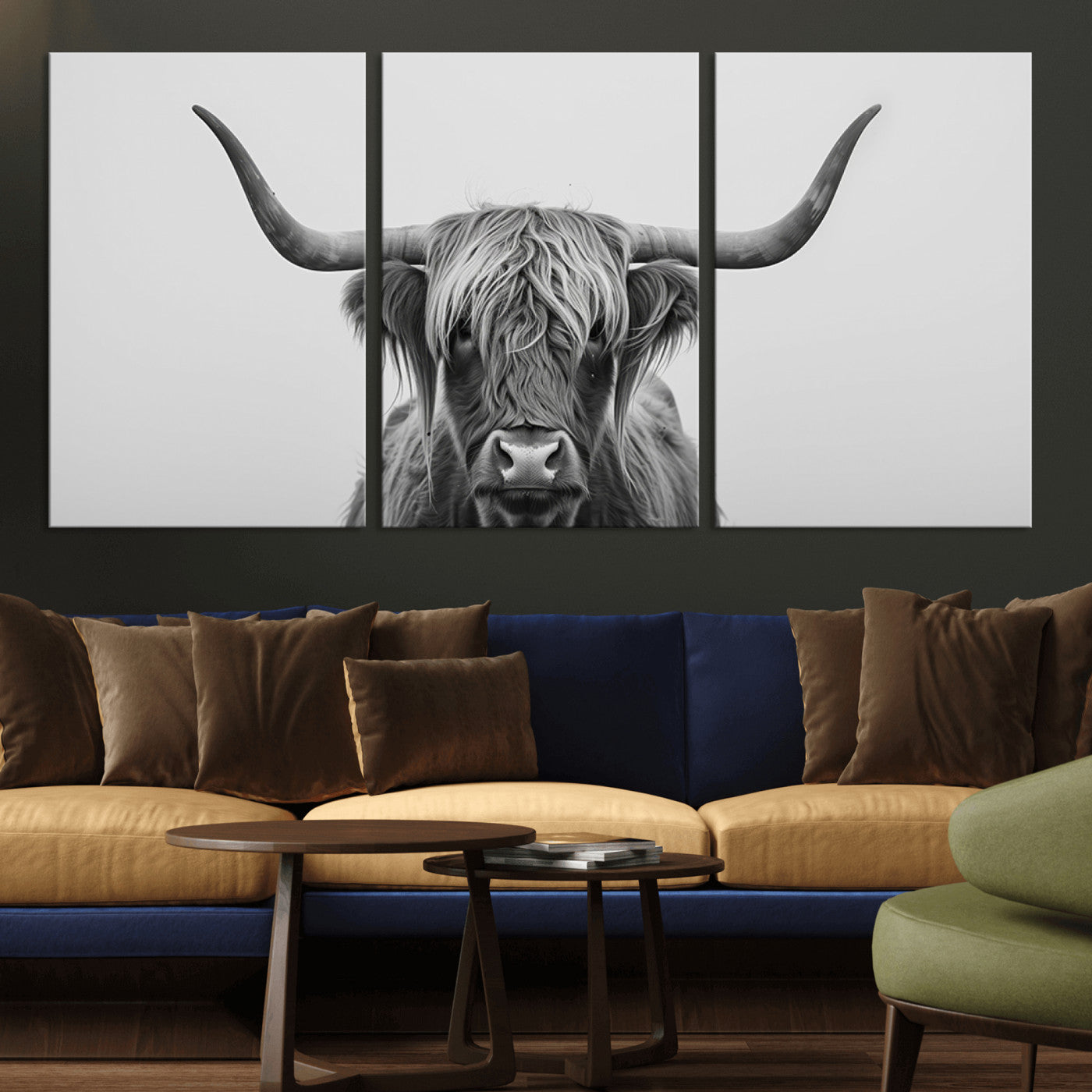 MGV-CV-60X30-3P - Farmhouse Longhorn Wall Art Canvas Print, Longhorn Texas Wall Art Canvas Print
