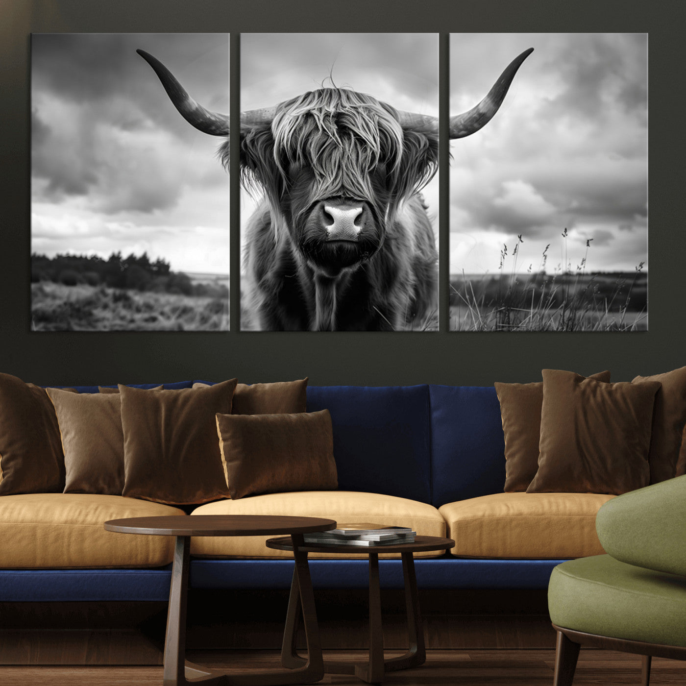 MGV-CV-60X30-3P - Scottish Cow Wall Art Canvas Print | Longhorn Wall Art | Bighorn Animal Wall Art
