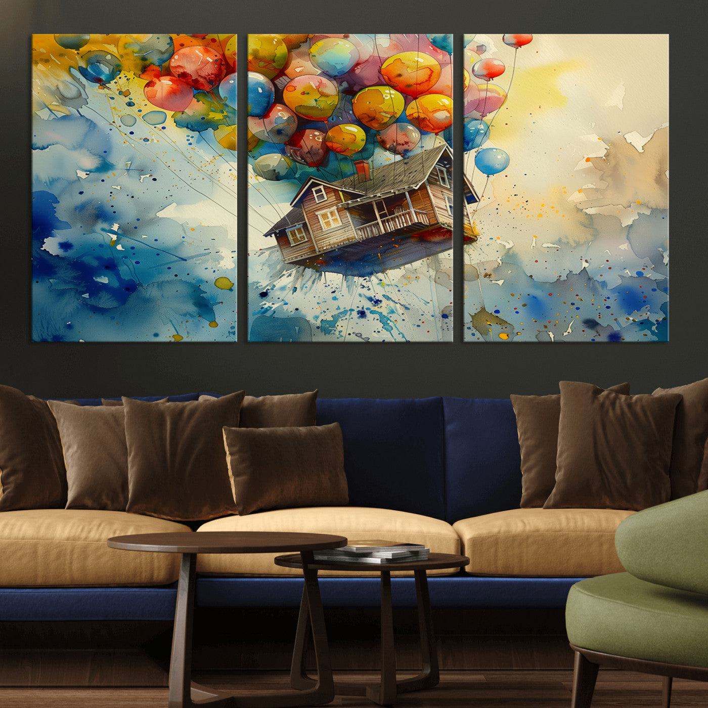 MGV-CV-60X30-3P - UP-Inspired Floating House with Balloons Canvas Art – Colorful 3-Panel Wall Decor for Living Room,