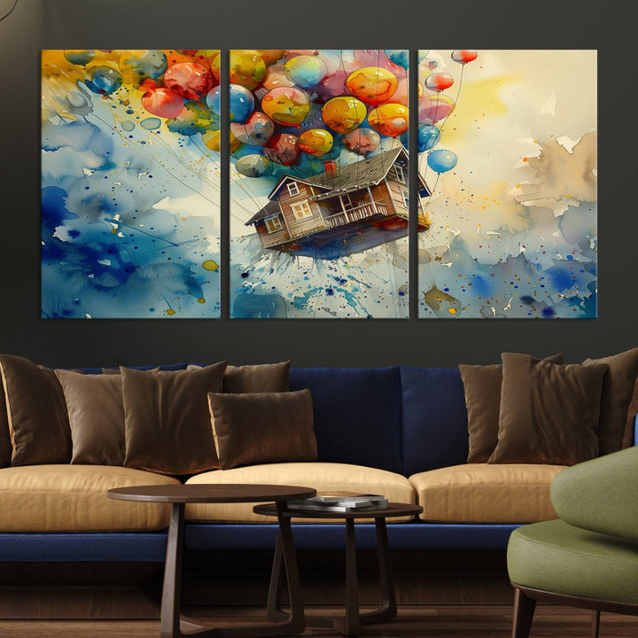 UP-Inspired Floating House with Balloons Triptych Canvas Art – Colorful 3-Panel Wall Decor for Living Room, Office, or Nursery