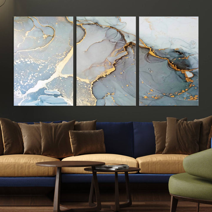 A blue and gold marbled Large Abstract Marble Wall Art Canvas Print hangs overhead.