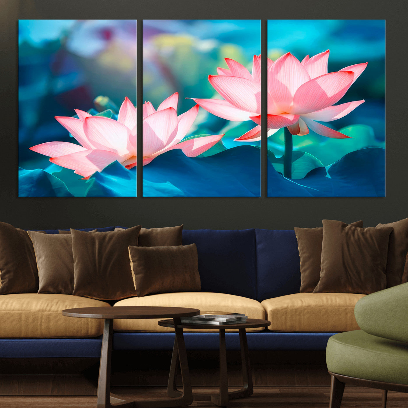 MGV-CV-60X30-3P - Pink Lotus Flower Canvas Wall Art | Vibrant Floral Wall Decor for Living Room, Office, or Bedroom | Large Botanical Art