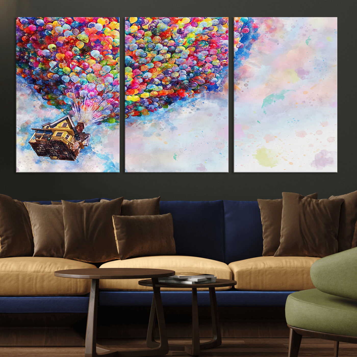 MGV-CV-60X30-3P - Don't Look Up Movie Canvas Wall Art - Vibrant Floating House and Balloons Scene, Tribute to Iconic