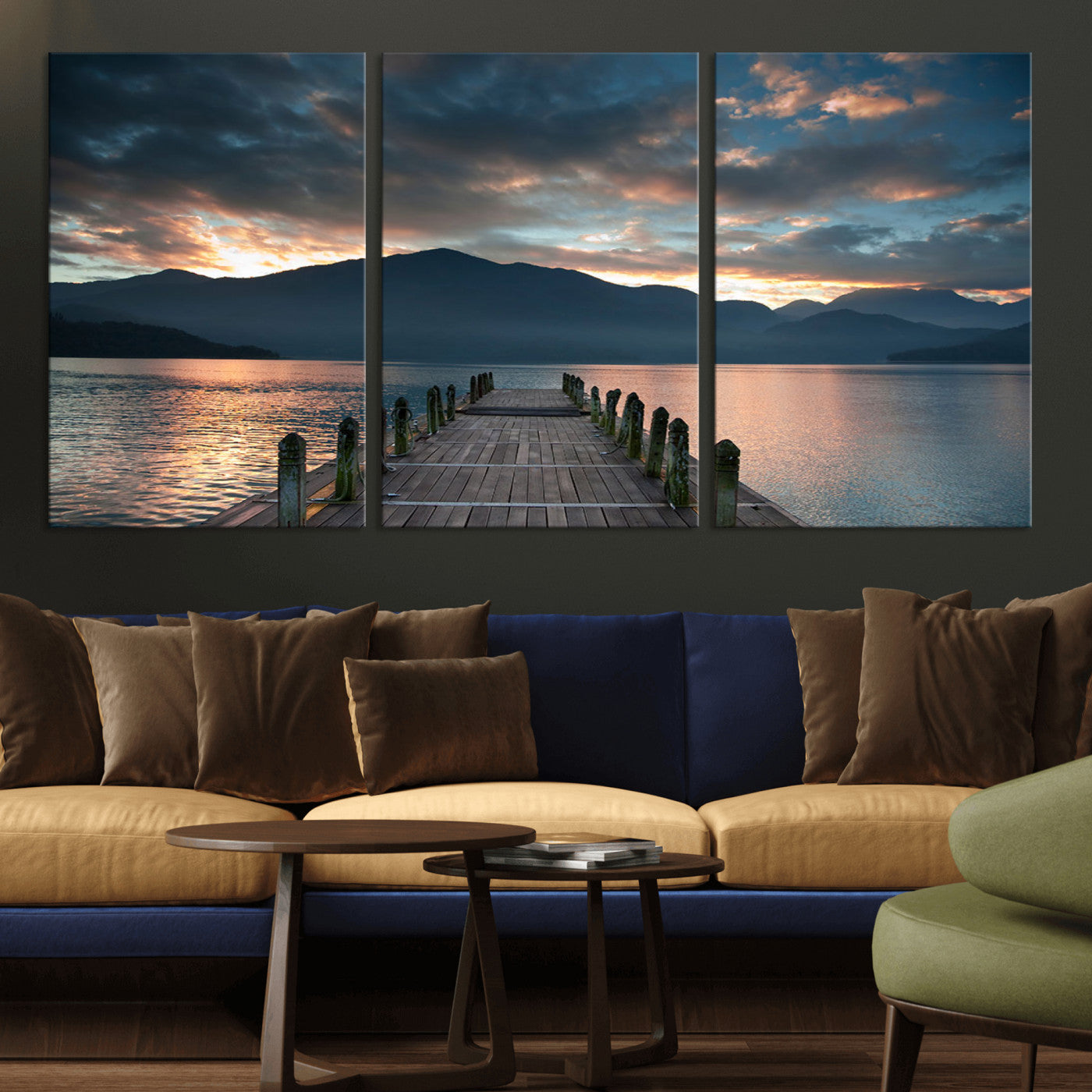 MGV-CV-60X30-3P - Mountain Lake Wood Pier Canvas Wall Art Nature Lake Print