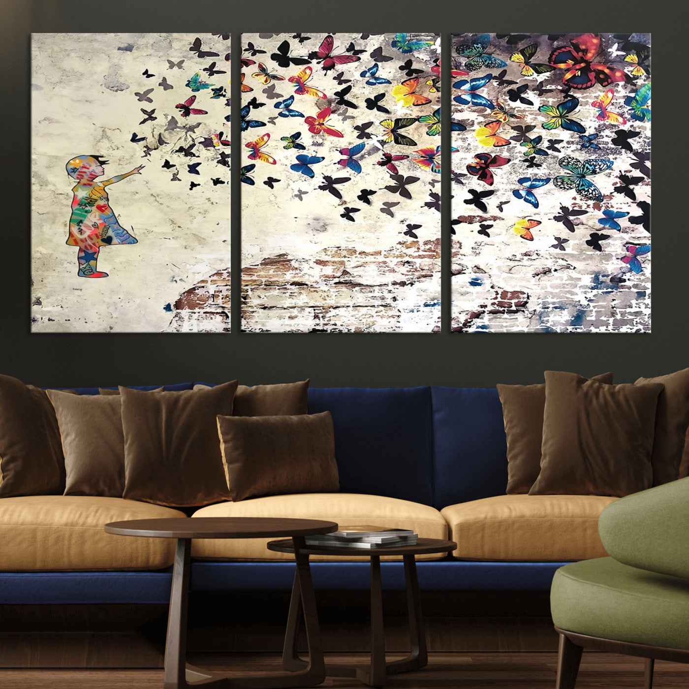 MGV-CV-60X30-3P - Banksy Wall Art - Banksy Girl Butterfly Graffiti Wall Art Canvas Print - Butterfly Girl and Freedom Flight - Vibrant Street Art Print