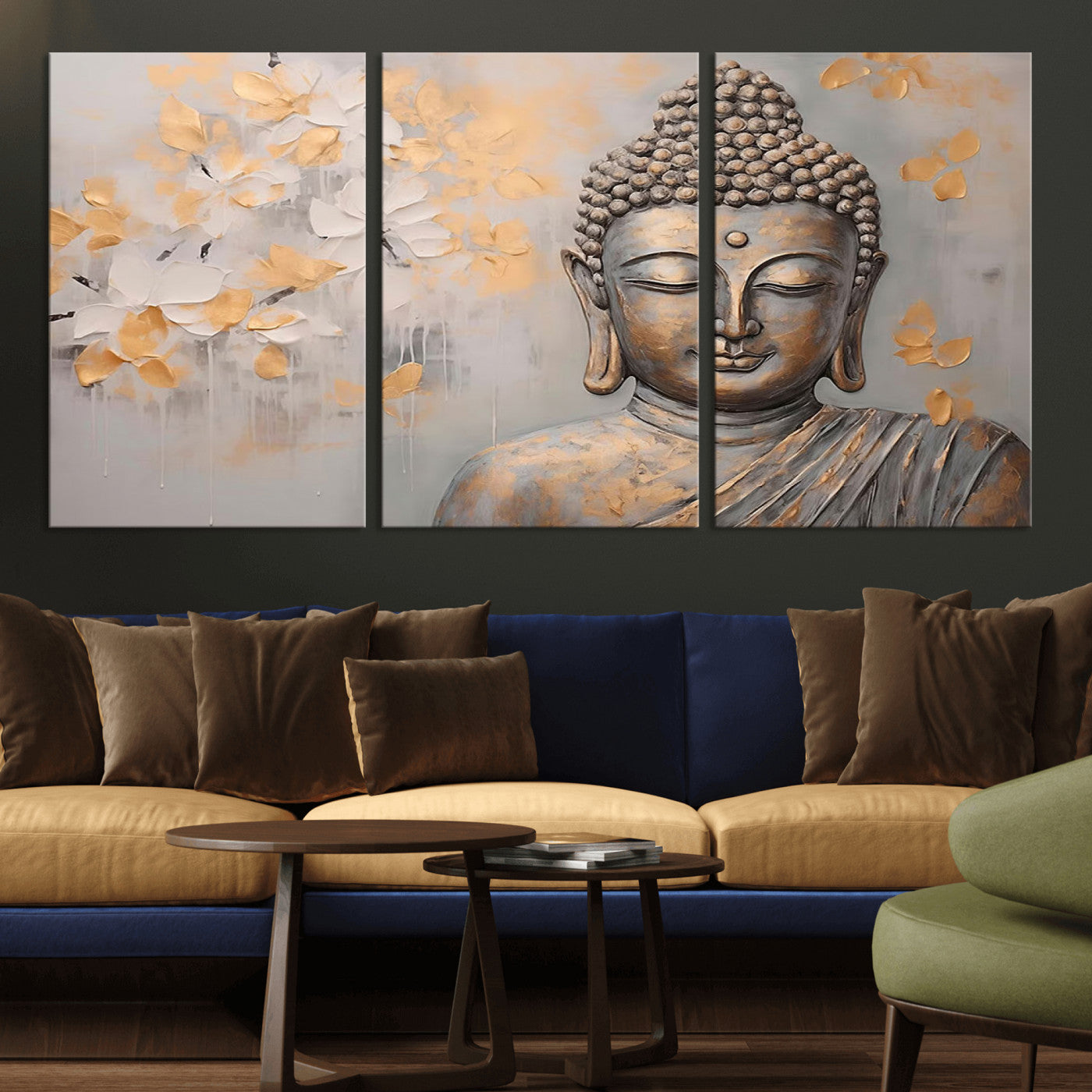 MGV-CV-60X30-3P - Abstract Buddha Statue Wall Art Canvas Print - Modern Meditation Decor for Living Room, Office, Yoga Studio Decor