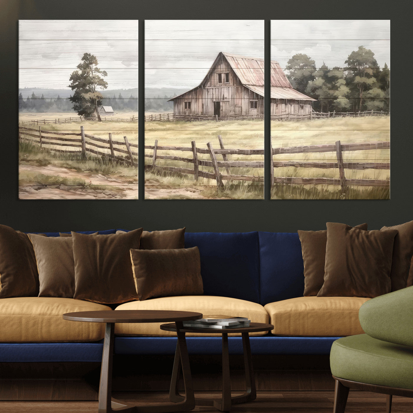 MGV-CV-60X30-3P - Rustic Farmhouse Barn Wall Art | 3-Panel Framed Gallery Wrap Giclee Canvas Print for Living Room, Farmhouse, or Office | Country Landscape Wall Art