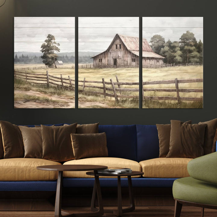 The wall is adorned with a Rustic Farmhouse Barn Wall Art.