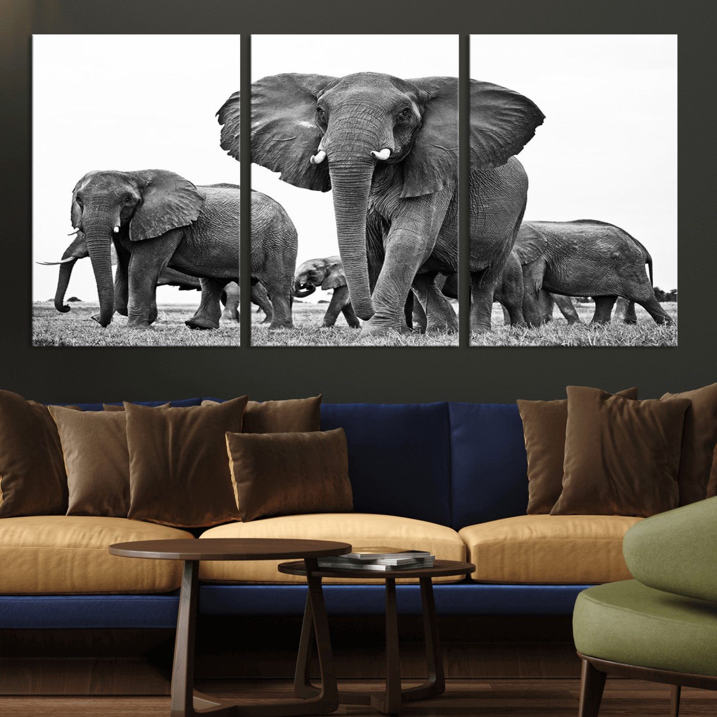 MGV-CV-60X30-3P - Black White Elephant Family Wall Art Canvas Print