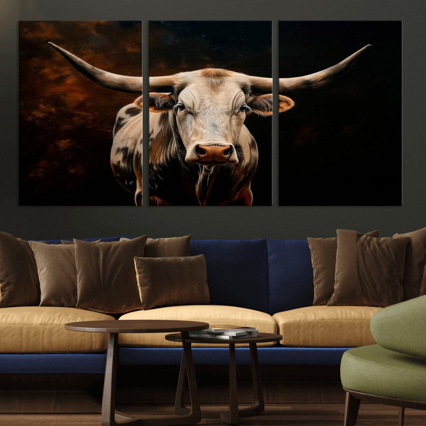 MGV-CV-60X30-3P - Texas Longhorn Wall Art | 3-Panel Large Texas Longhorn Canvas Print for Living Room, Office, or Farmhouse Decor | Framed Giclee Longhorn Wall Art