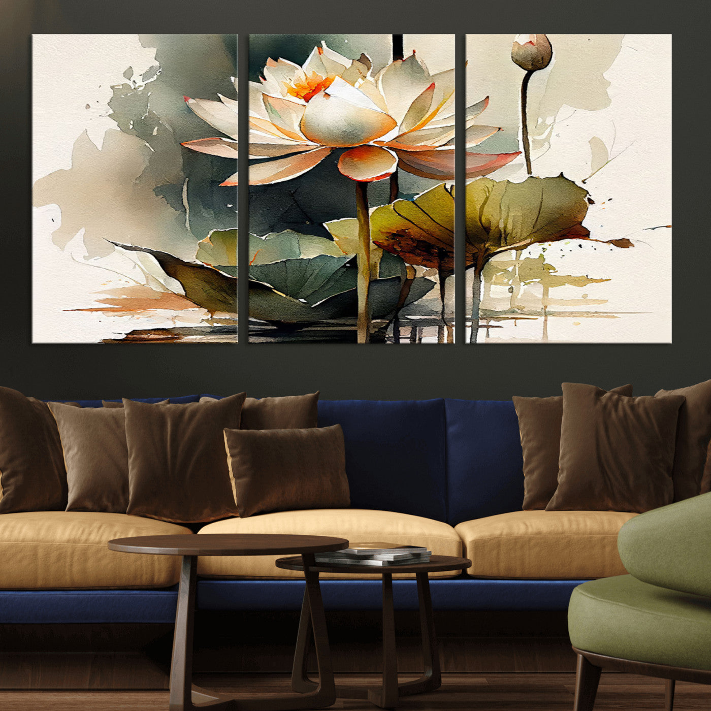 MGV-CV-60X30-3P - Lotus Flower Watercolor Canvas Print – A Symbol of Serenity and Growth, Captured in Soft Watercolors – Contemporary Wall Art for Tranquil Spaces