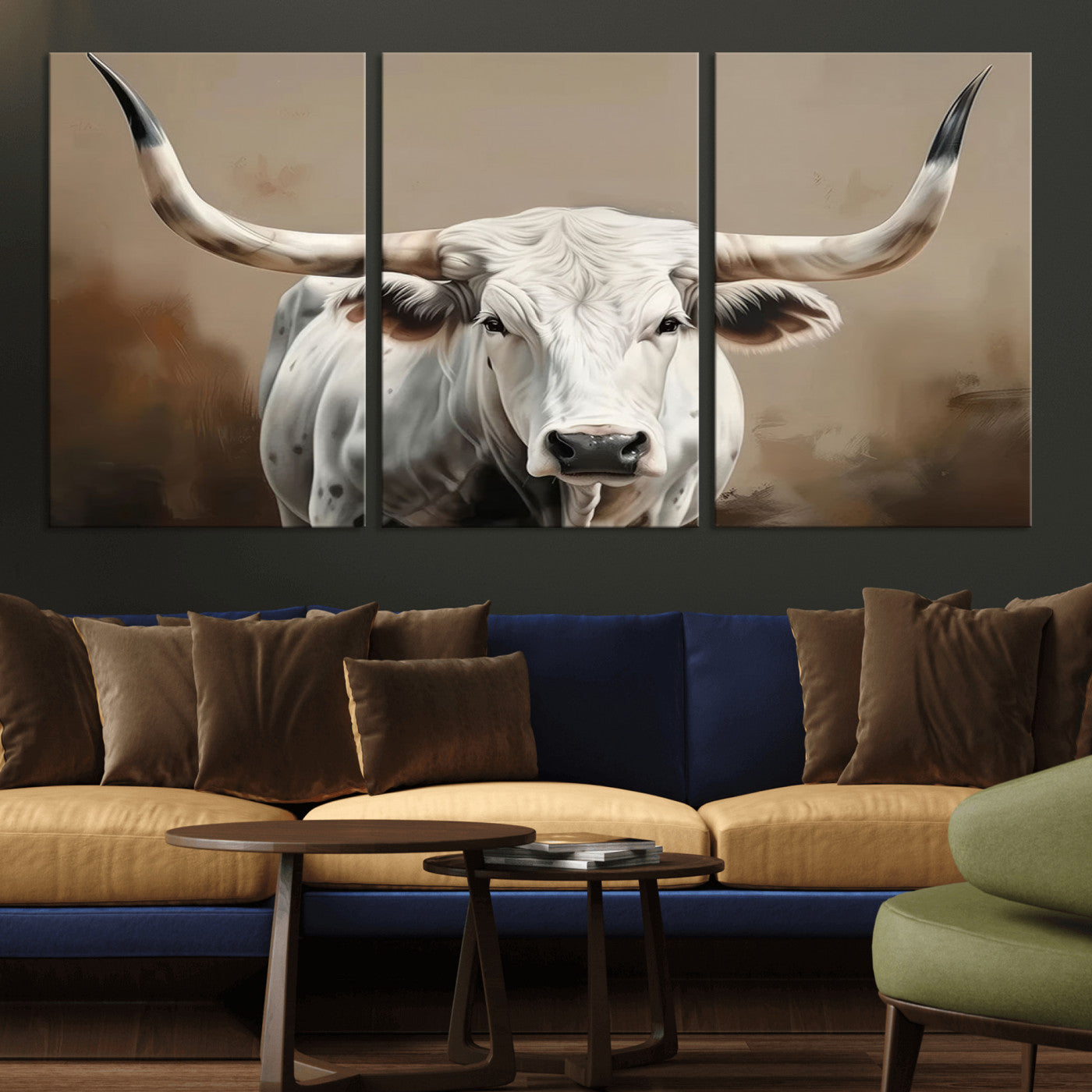 -White Longhorn Bull Wall Art Canvas Print – Framed and Ready to Hang – Perfect for Farmhouse and