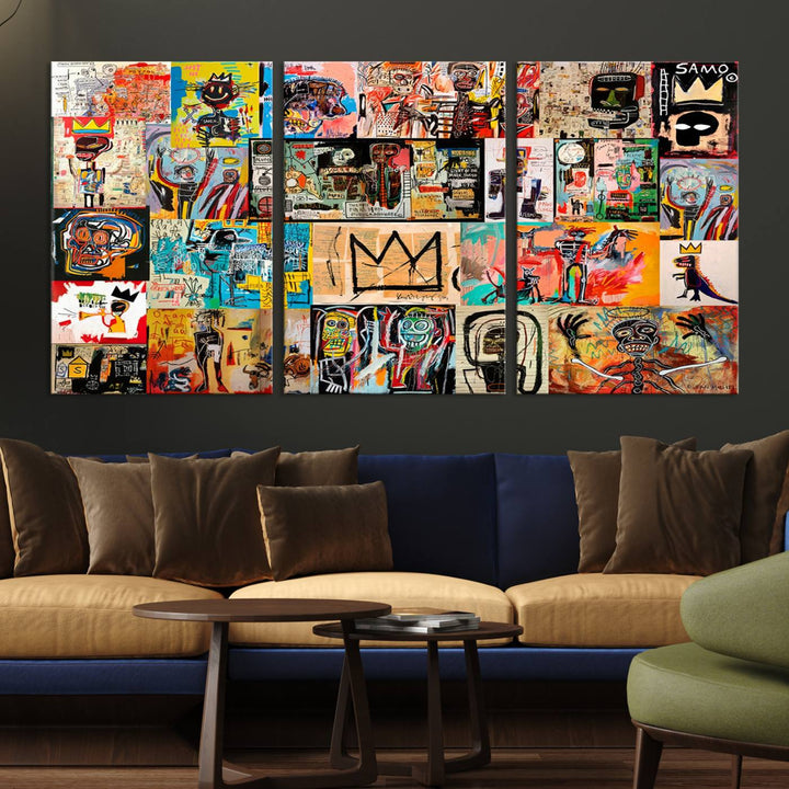 A Basquiat graffiti-style collage adorns the wall.