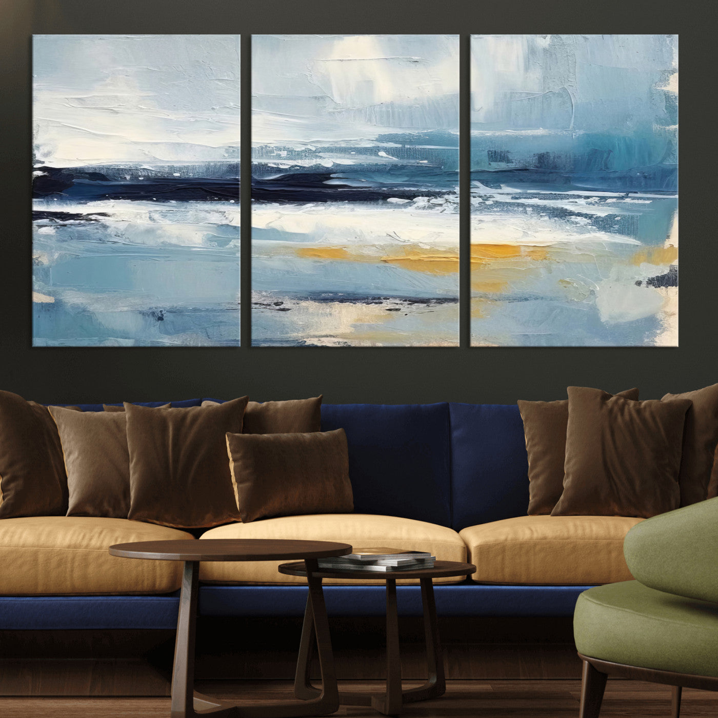 MGV-CV-60X30-3P - Abstract Ocean Canvas Wall Art - Coastal Blue and Gold Textured Painting, Modern Seascape Decor for Living Room Decor