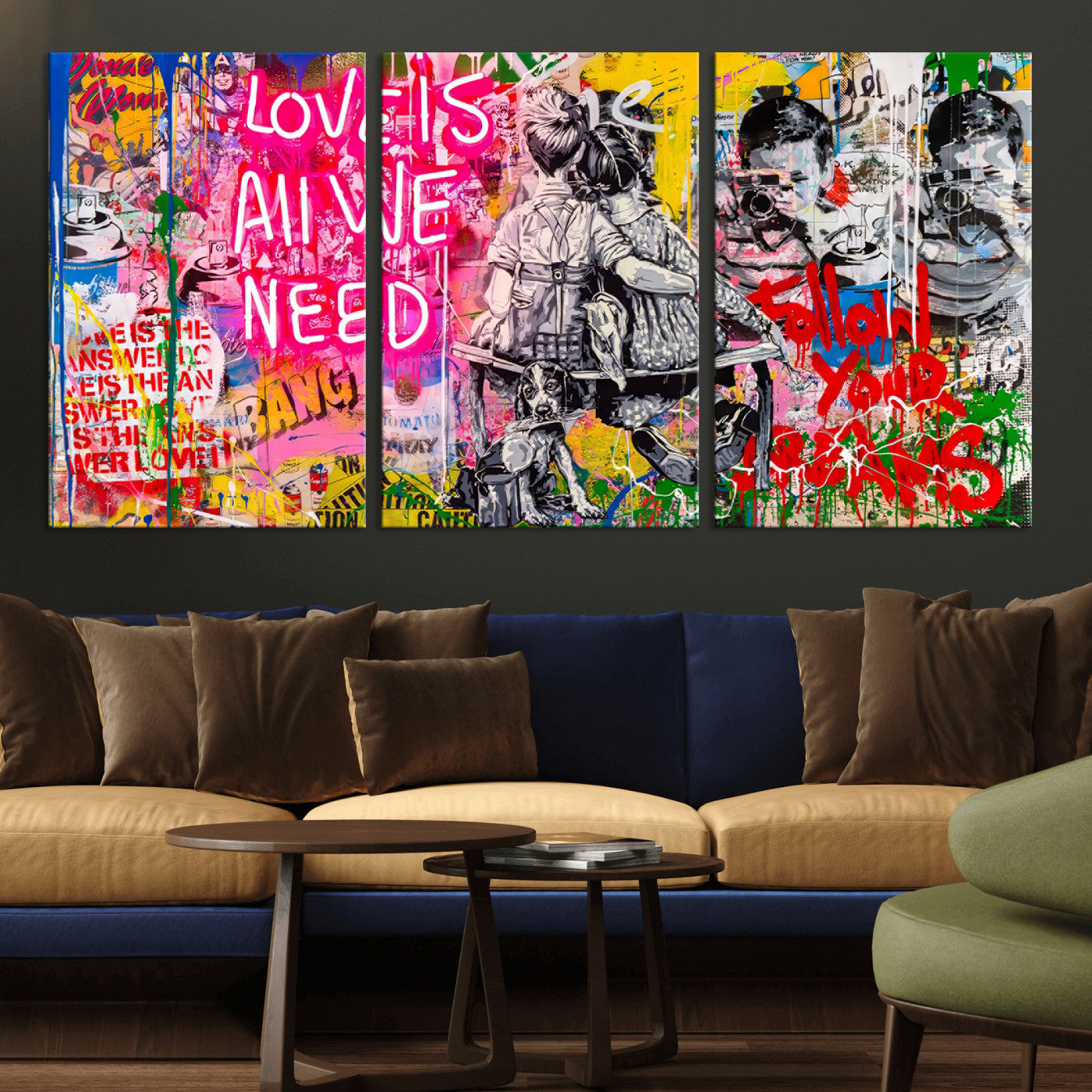 MGV-CV-60X30-3P - Follow Your Dreams & Love is All We Need Graffiti Street Art Triptych | 3-Panel Colorful Urban Wall Art for Living Room, Office, Loft Graffiti Wall Art Print