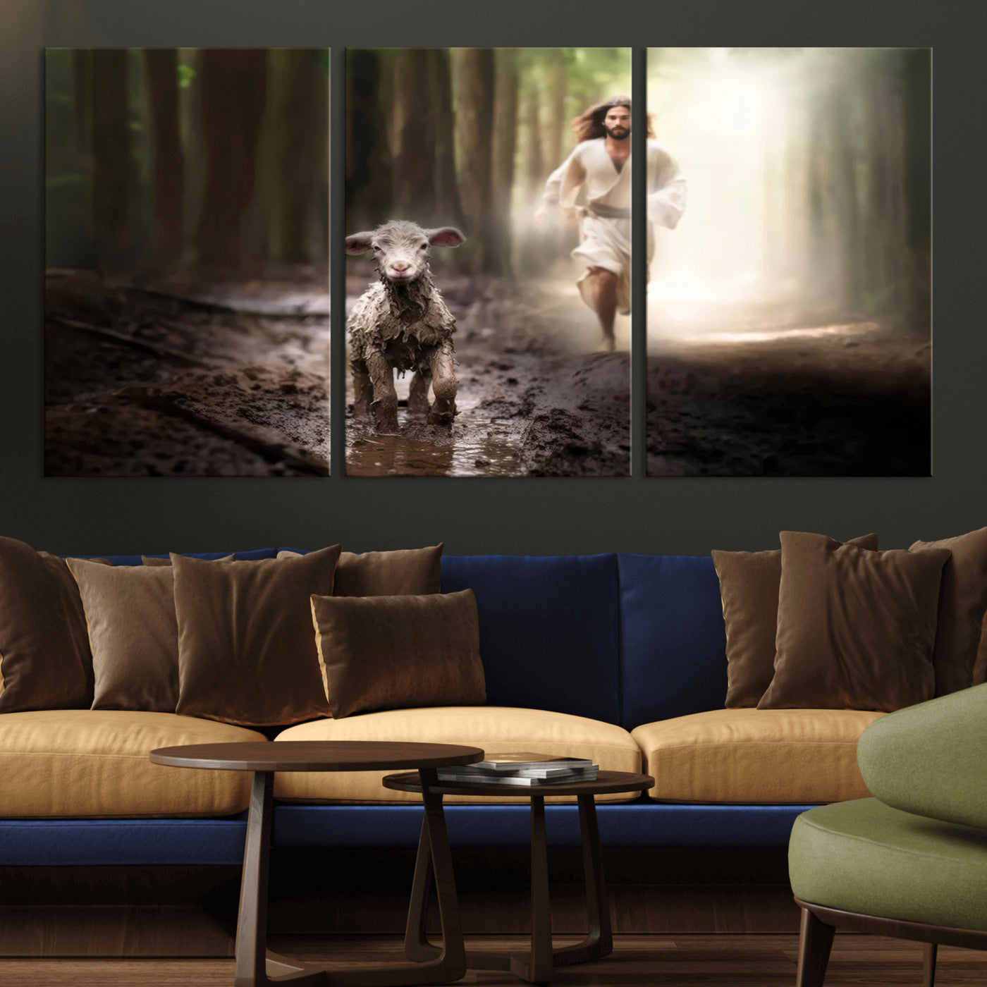 MGV-CV-60X30-3P - Jesus Canvas Wall Art - Jesus Running After Lost Lamb, Jesus, Christian Home Decor - Church Wall Art