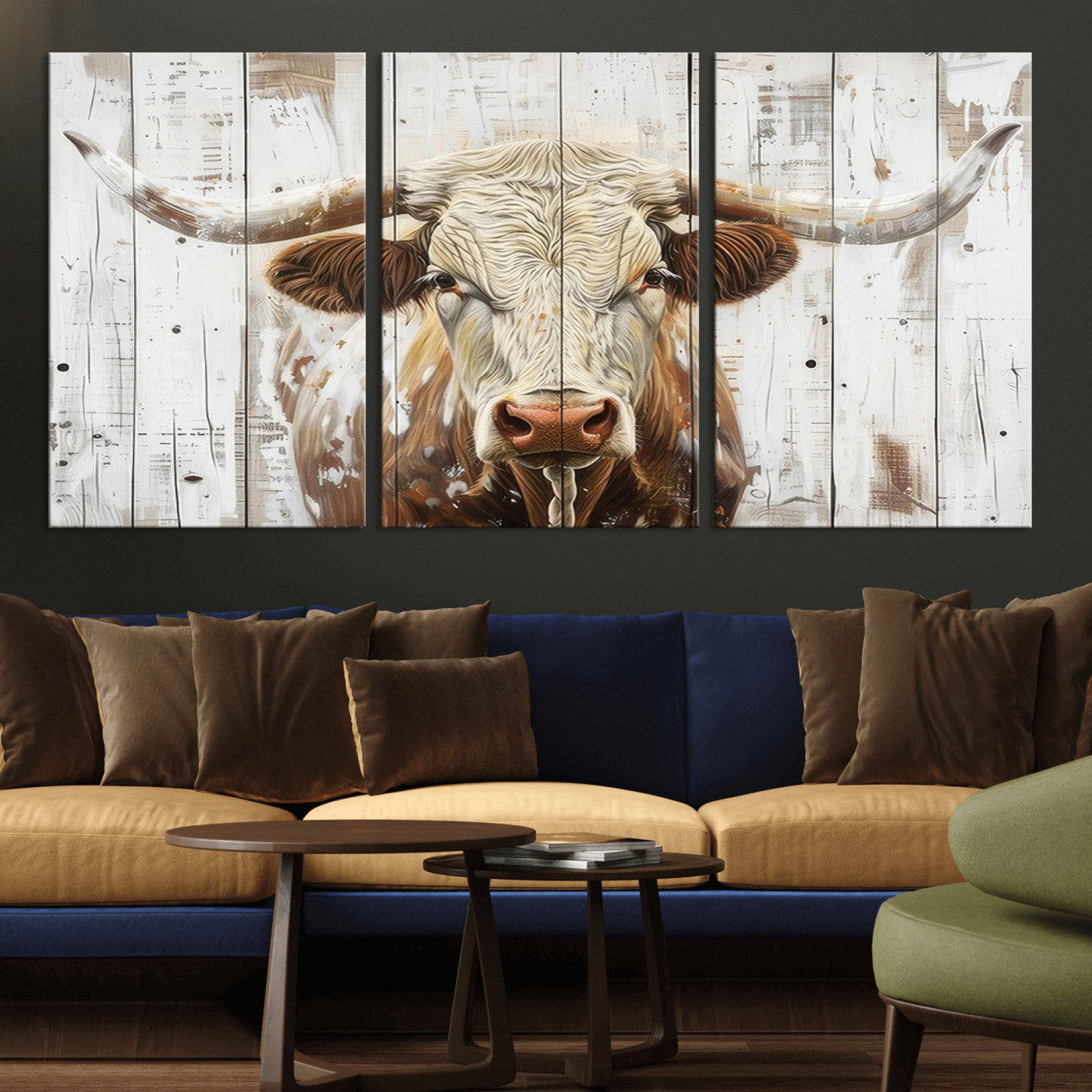 -Rustic Longhorn Bull Wall Art Canvas Set – Western-Inspired Farmhouse Décor - Ready to Hang