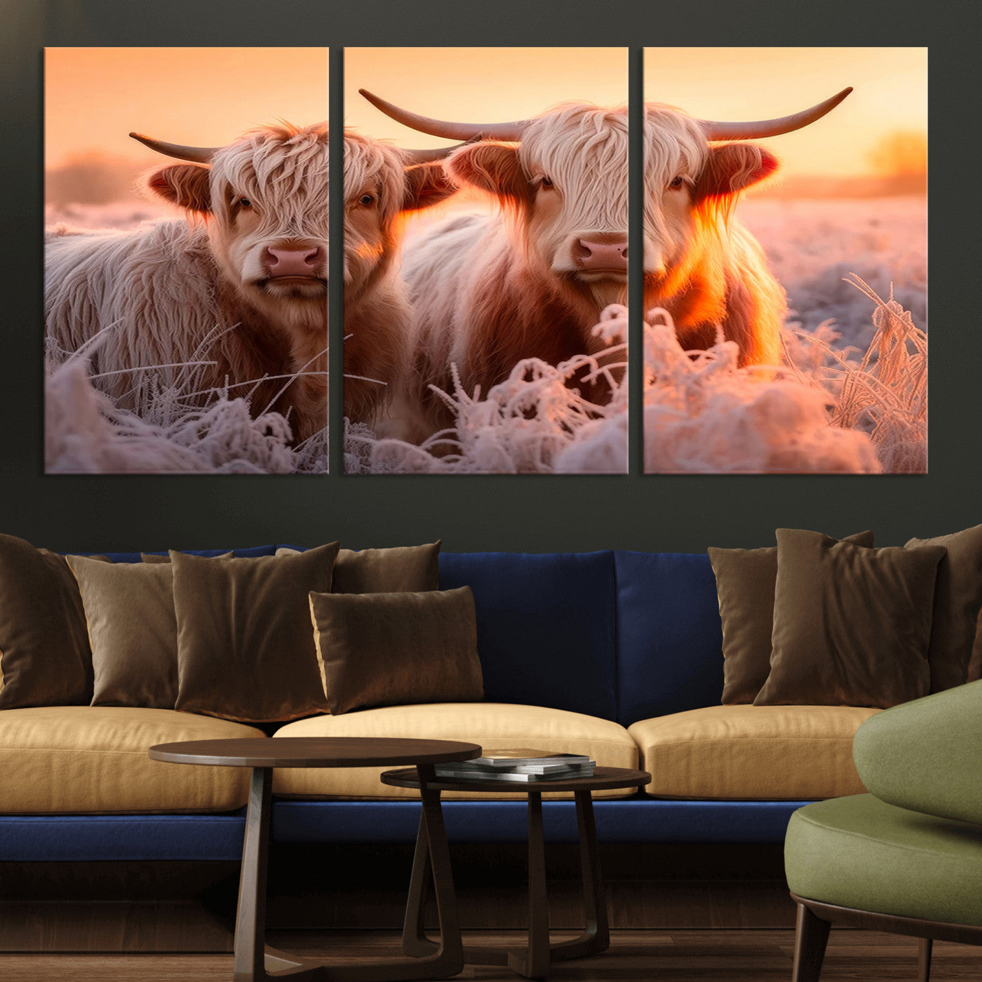 -Highland Cows at Sunrise Wall Art Canvas Set – Serene and Rustic Farmhouse Decor