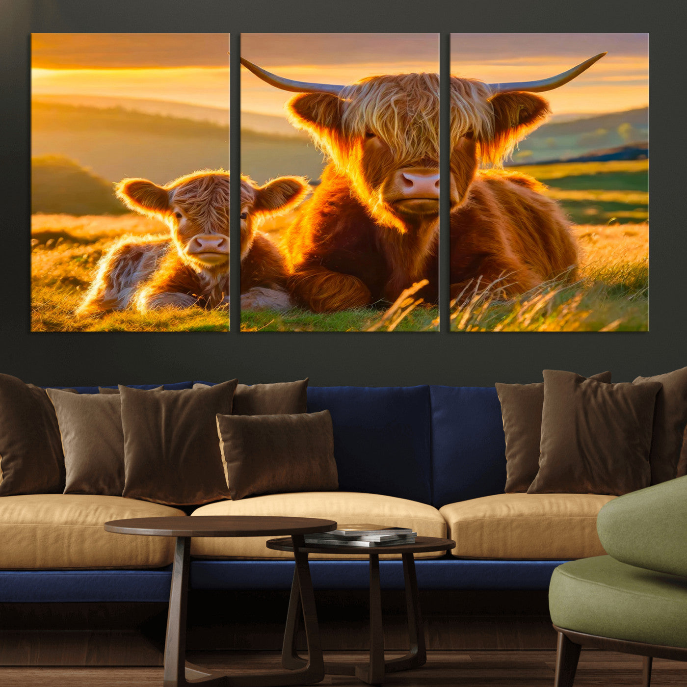 -Scottish Cow and Baby Cow Canvas Wall Art Animal Print Fluffy Cattle Framed Farmhouse Decor