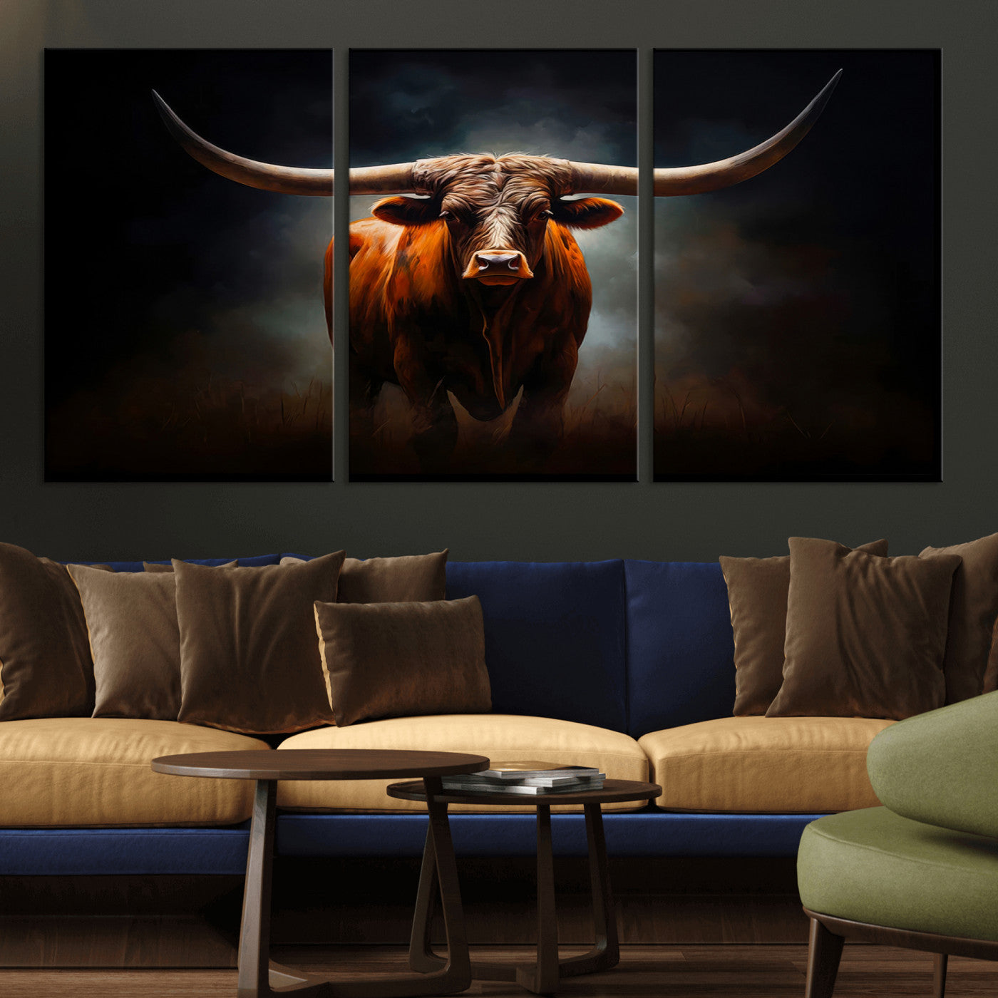 MGV-CV-60X30-3P - Abstract Texas Longhorn Wall Art Print | 3-Panel Large Texas Longhorn Canvas Print for Living Room, Office  Farmhouse Decor | Framed Longhorn Wall Art