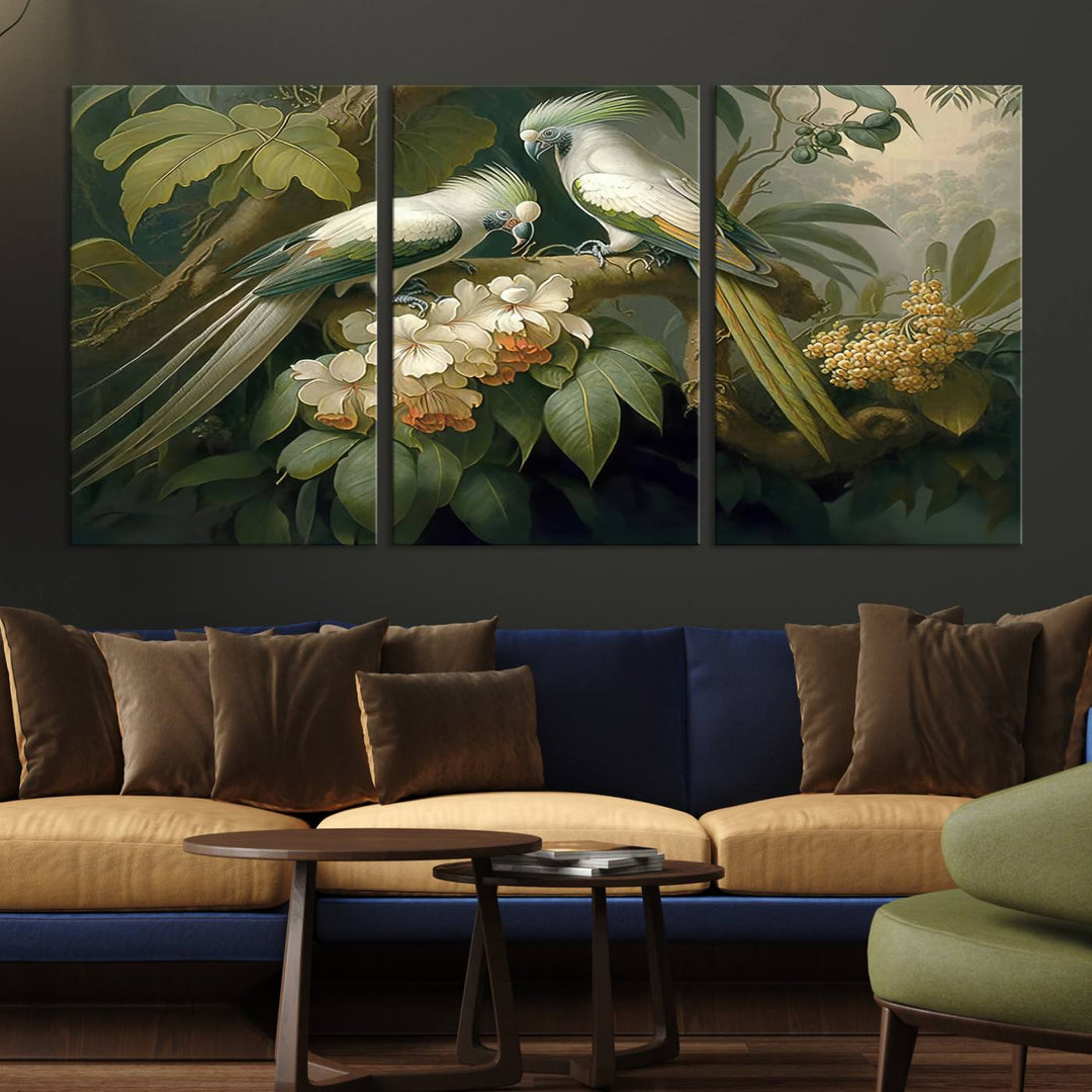 The Tropical Paradise Wall Art features a parrot in a lush forest.