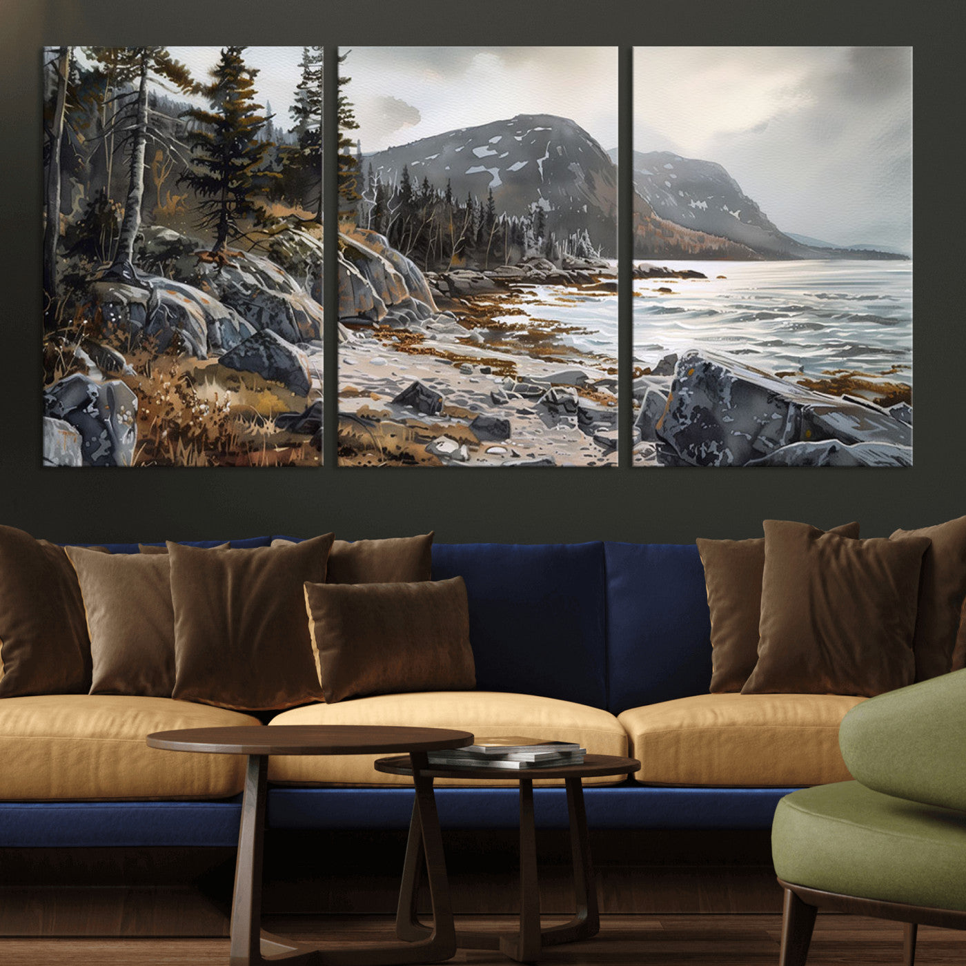 -Serene Coastal View of Acadia National Park - Stunning 3-Panel Wall Art Canvas Print, Framed, Ready