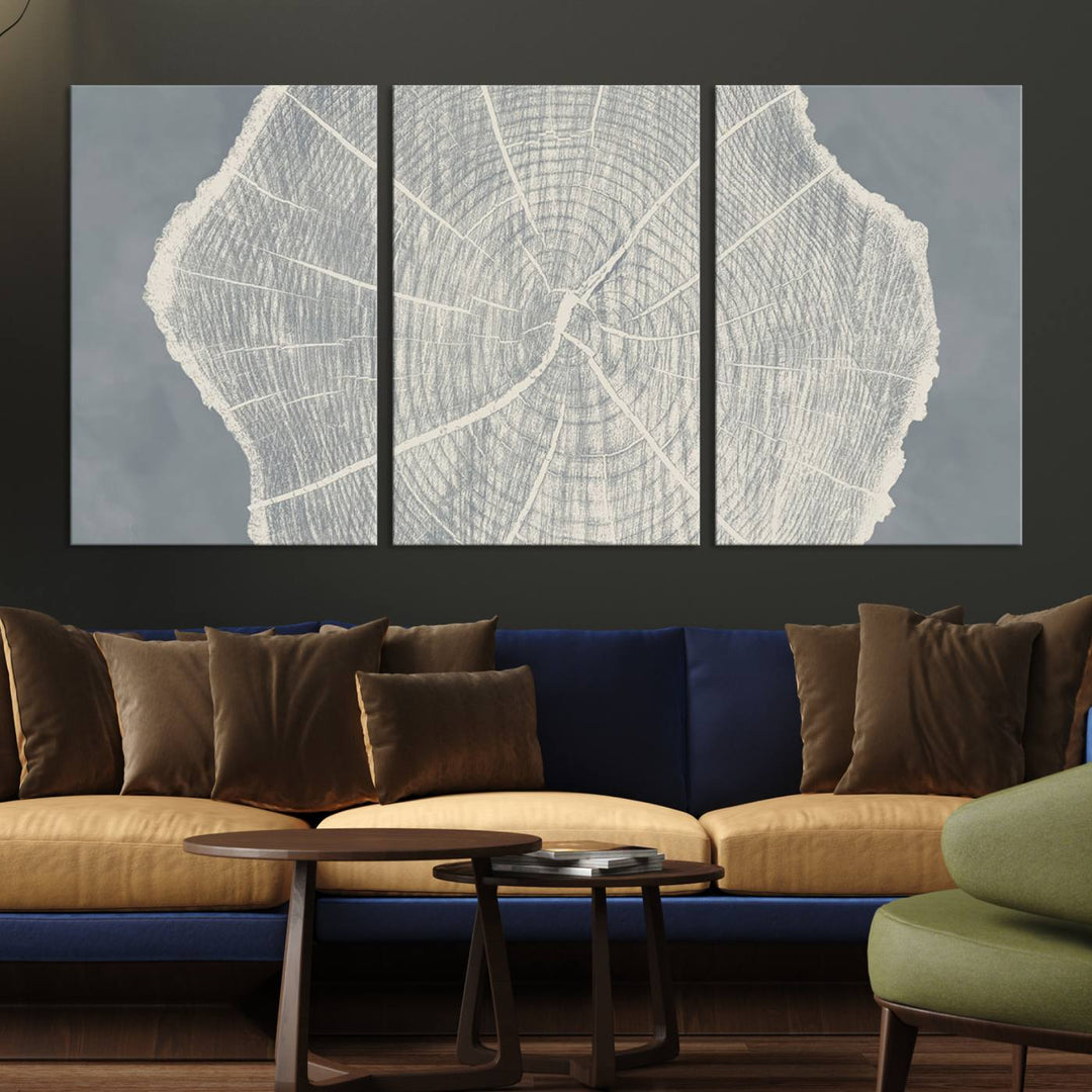 A gray wall displays the Abstract Tree Ring Wall Art print.