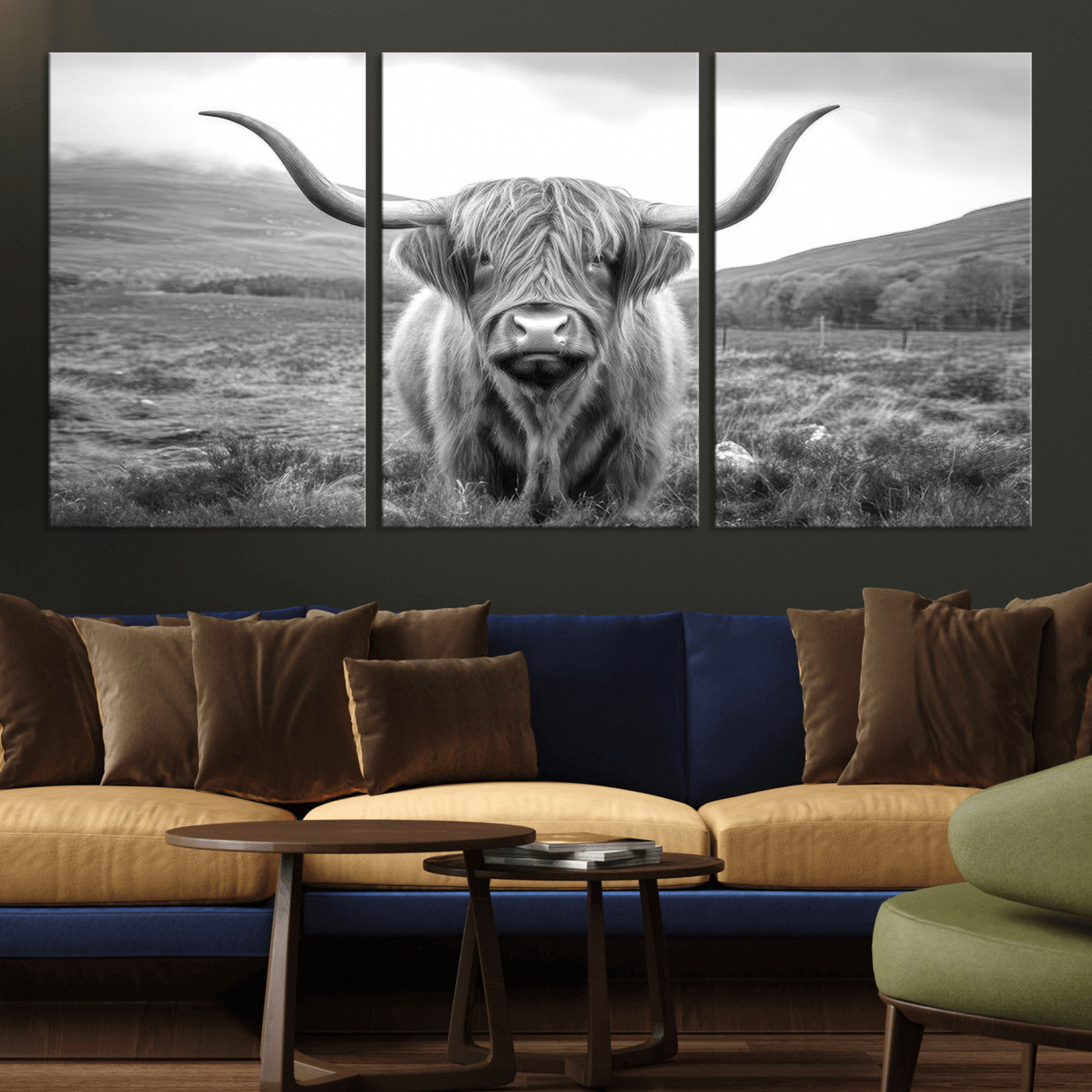 MGV-CV-60X30-3P - Black White Scottish Highland Cow Canvas Farm Wall Art Canvas Print