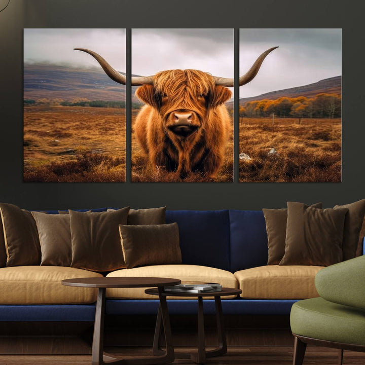 Highland Cow Longhorn Canvas Print, framed, on a wooden wall.