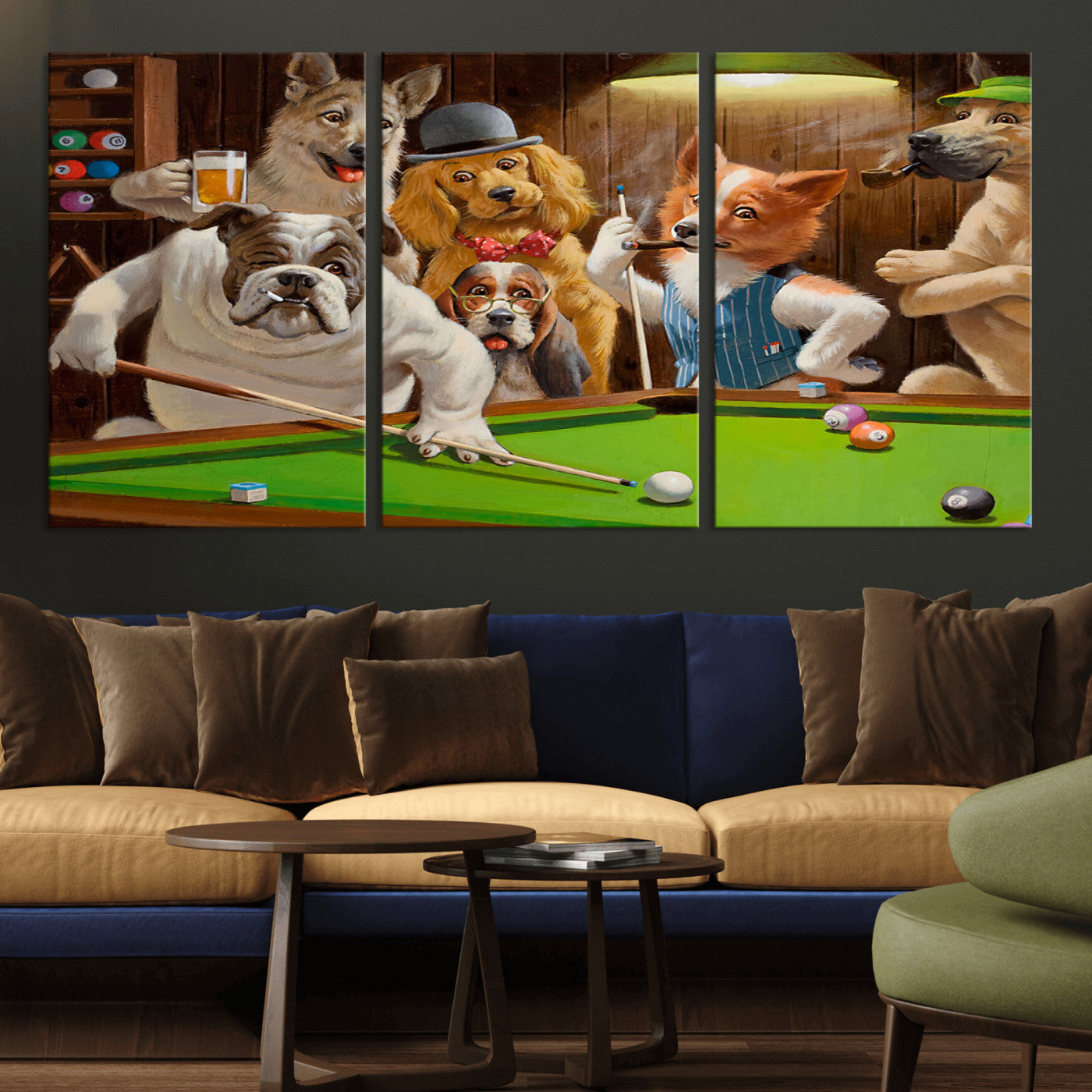 MGV-CV-60X30-3P - Dogs Playing Pool Canvas Wall Art Funny Gifts Dog Print