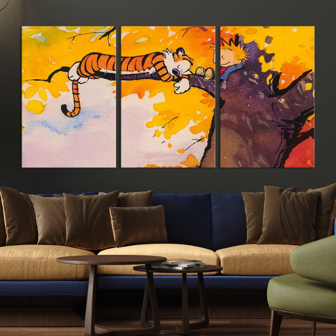 Premium canvas Calvin Wall Arts featuring a boy and tiger relaxing on a branch.