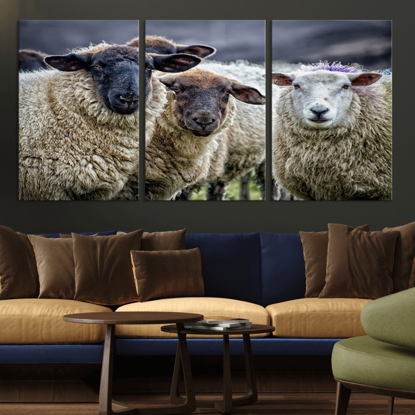 -Charming Sheep Portrait Wall Art – Trio of Woolly Companions Canvas Print, Framed, Ready to Hang