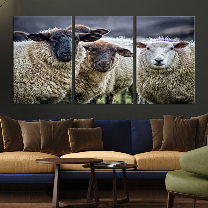 The Charming Sheep Portrait Wall Art hangs on a wooden wall.