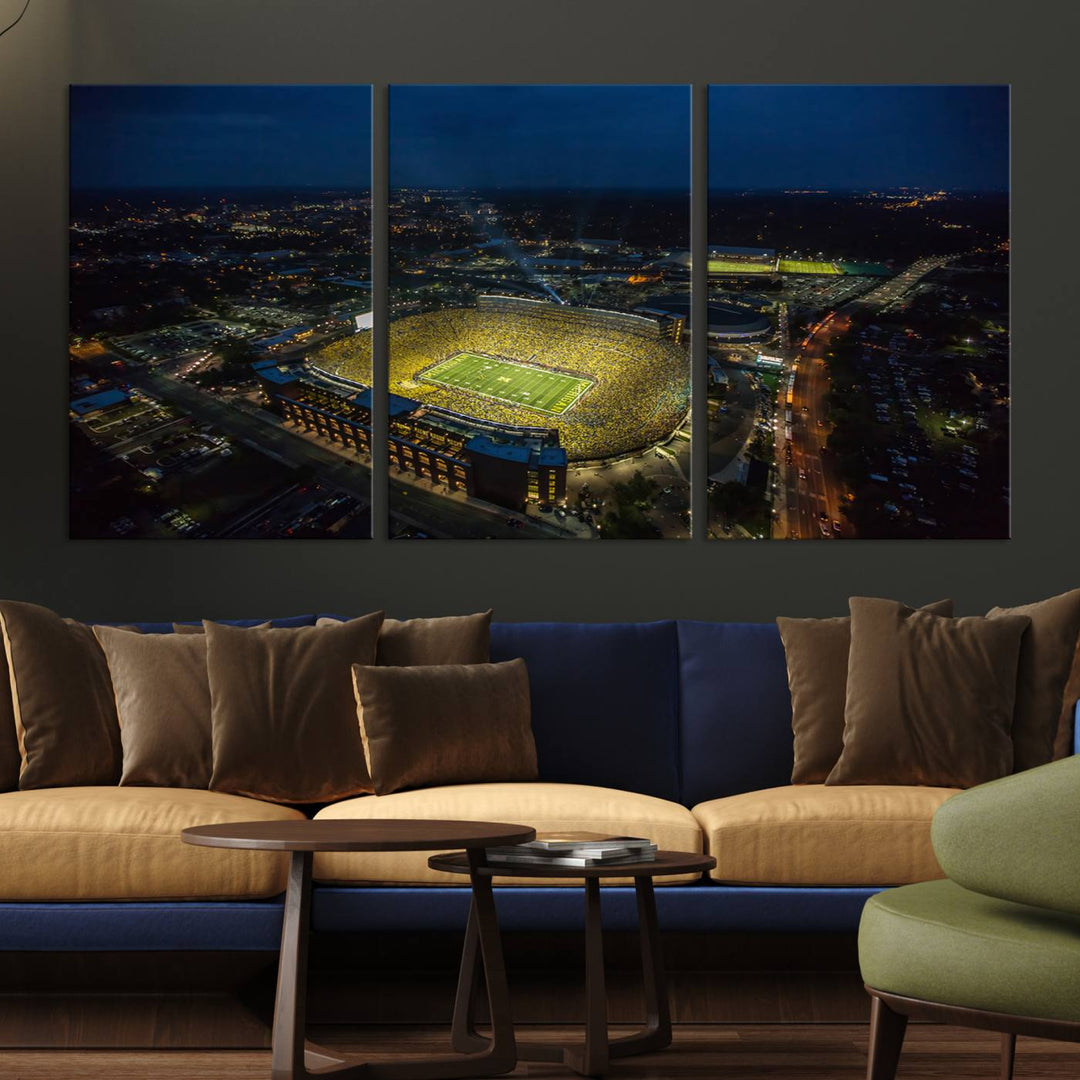 Aerial view of Michigan Stadium nightlife on canvas – Framed, ready-to-hang sports arena wall art.