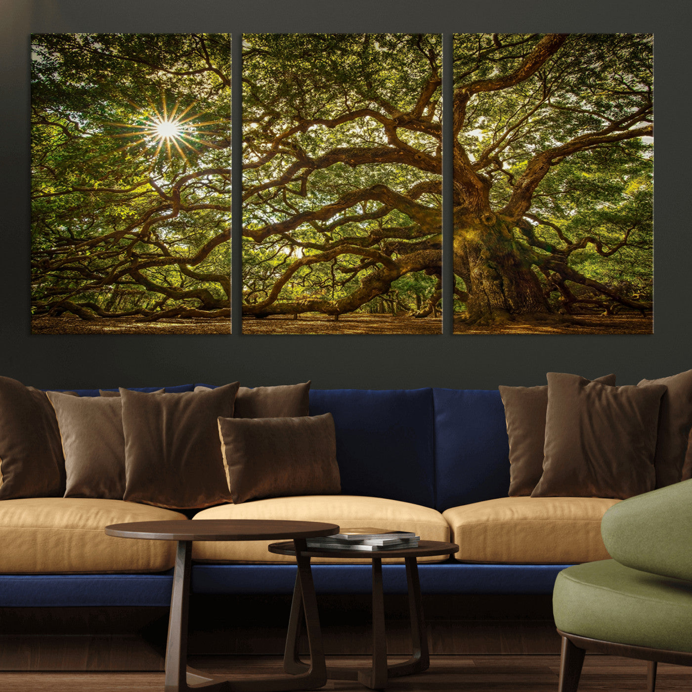 MGV-CV-60X30-3P - Ancient Angel Oak Tree Art Sunburst Canvas Print- Nature-Inspired Triptych Canvas Print, Framed, Ready to Hang