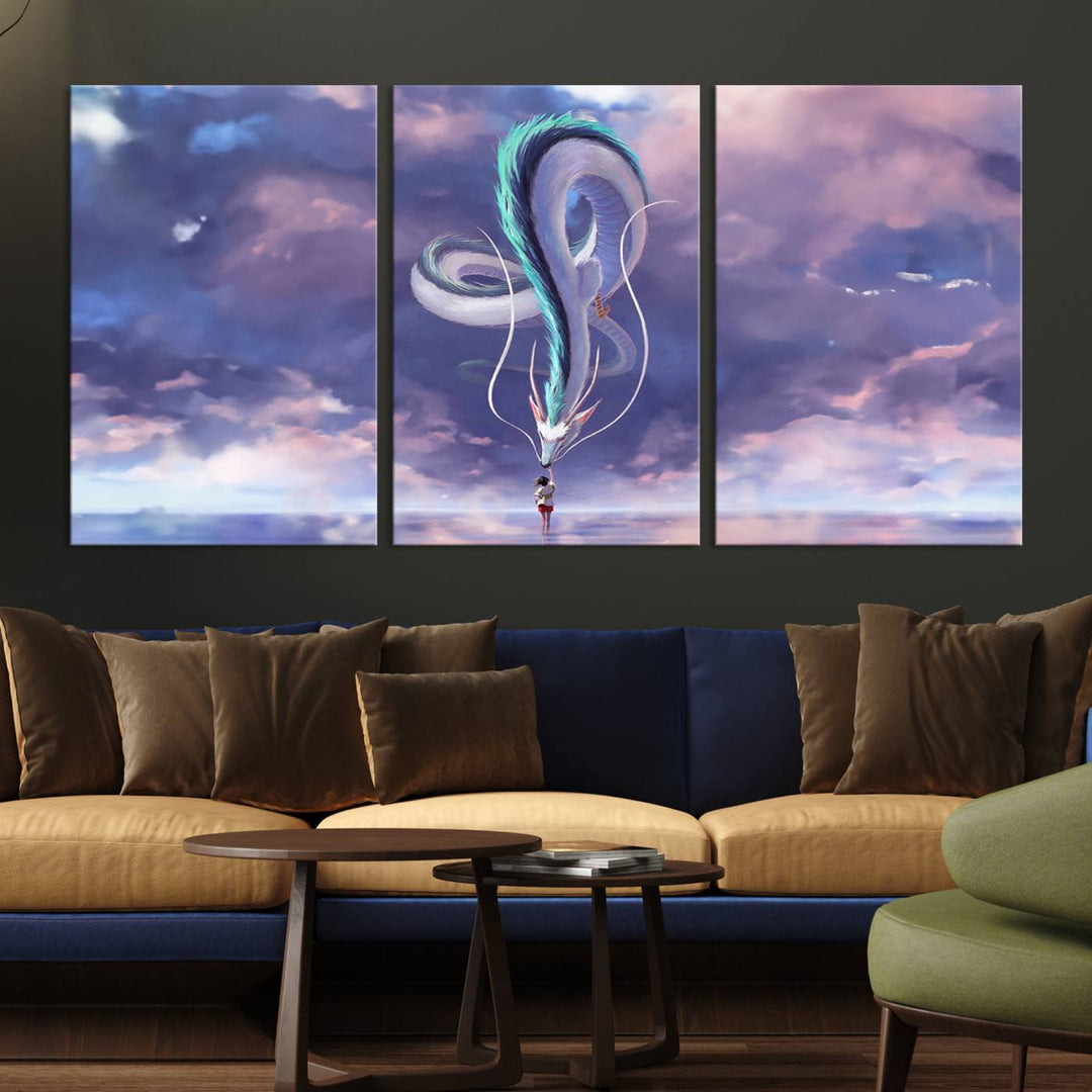 The Spirited Away Haku and Chihiro poster captures a cherished scene for anime lovers under a colorful, cloudy sky.