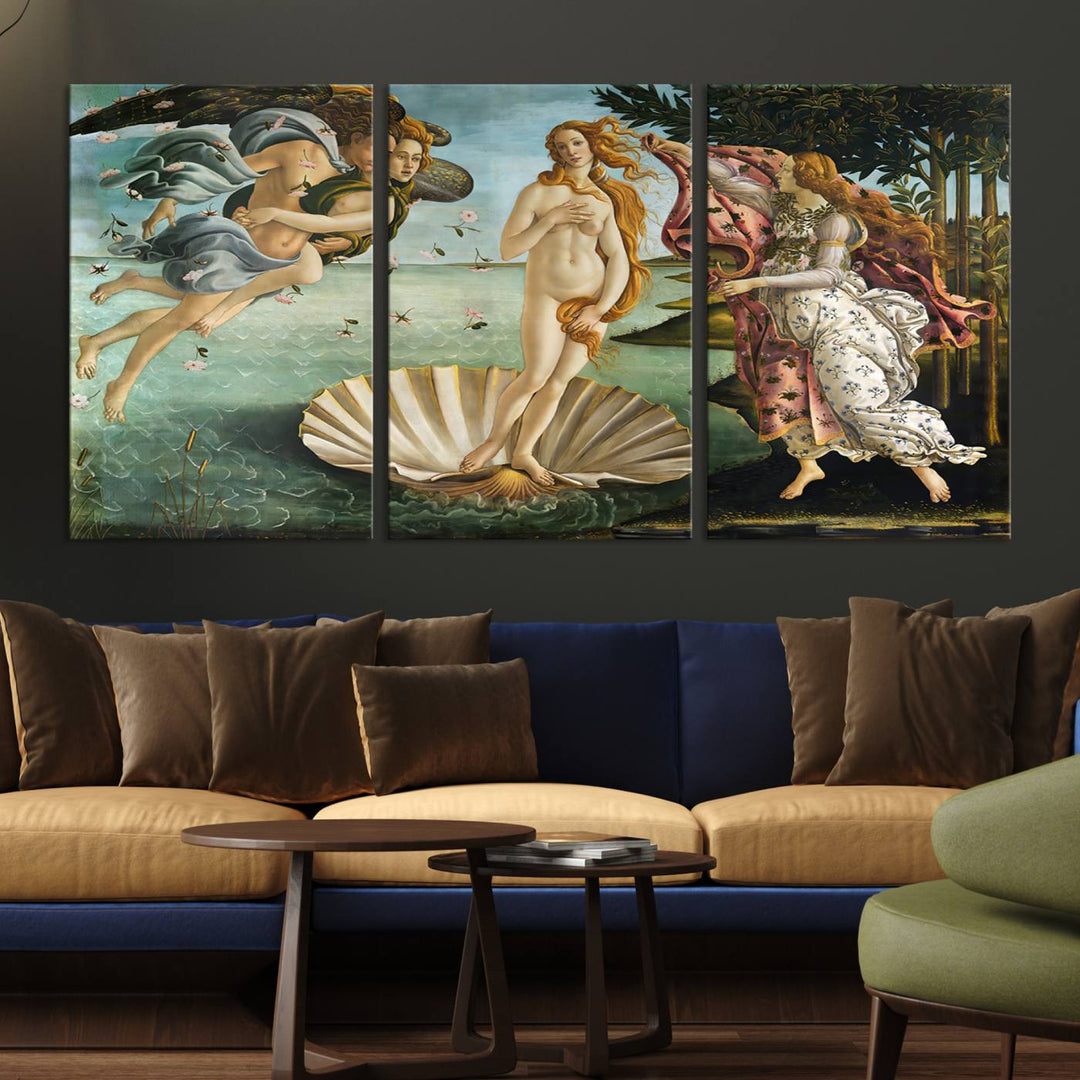 A canvas print of Botticellis The Birth of Venus is displayed on the wall.