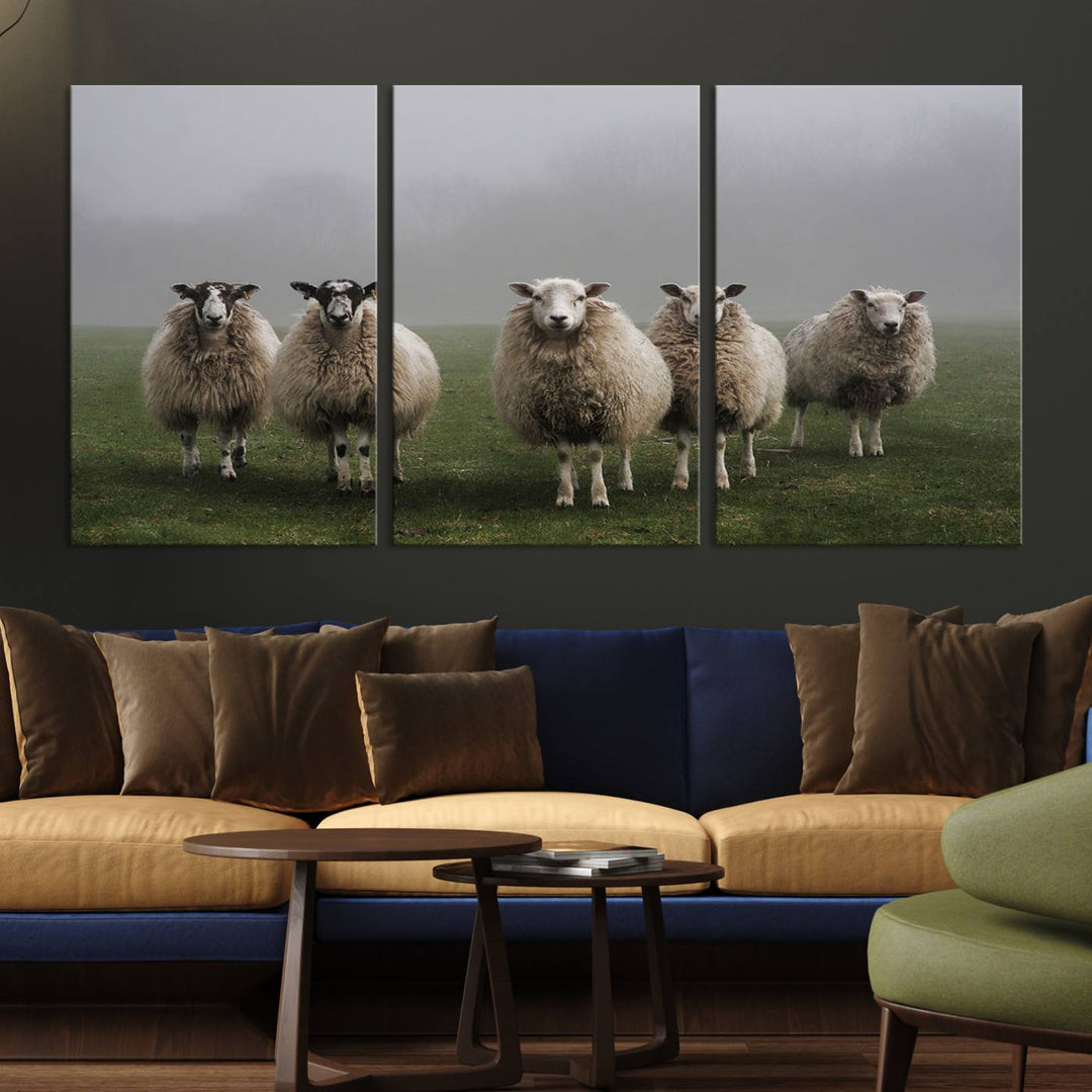 The Flock of Sheep in a Mystical Fog canvas print is framed and ready to hang.