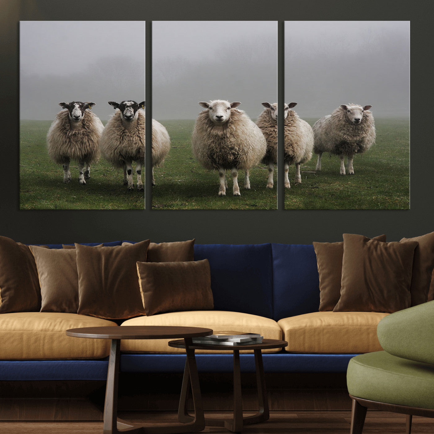 -Flock of Sheep in a Mystical Fog – Pastoral Wall Art Canvas Print, Framed, Ready to Hang