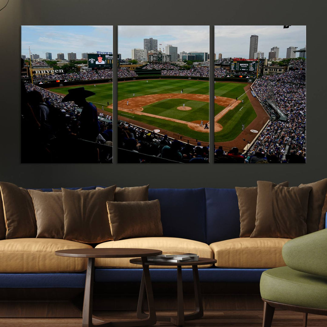 Admire this museum-quality canvas print of a Chicago Cubs game with a cityscape view from the stands at Wrigley Field.