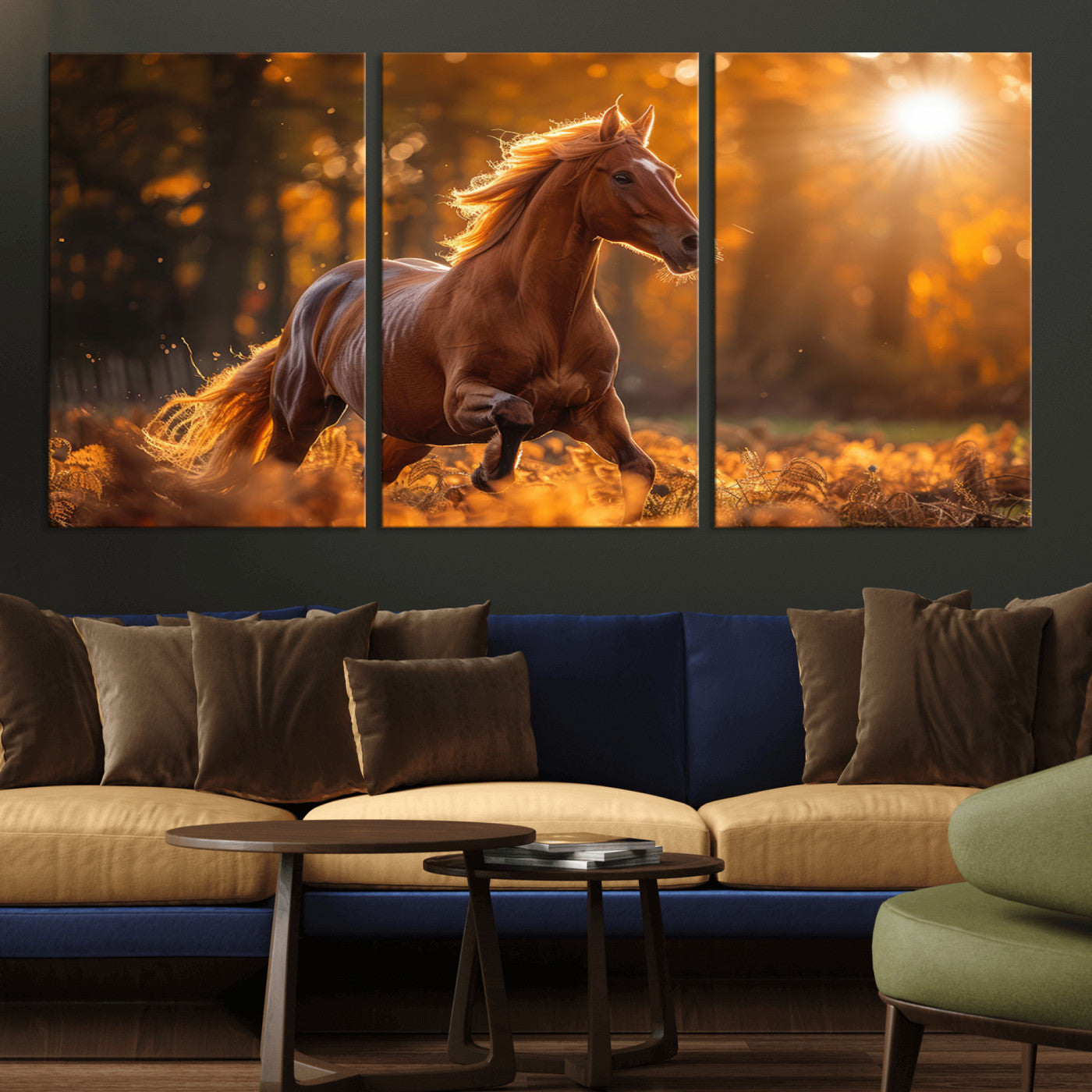 -Running Horse Sunset Forest Wall Art Canvas Print