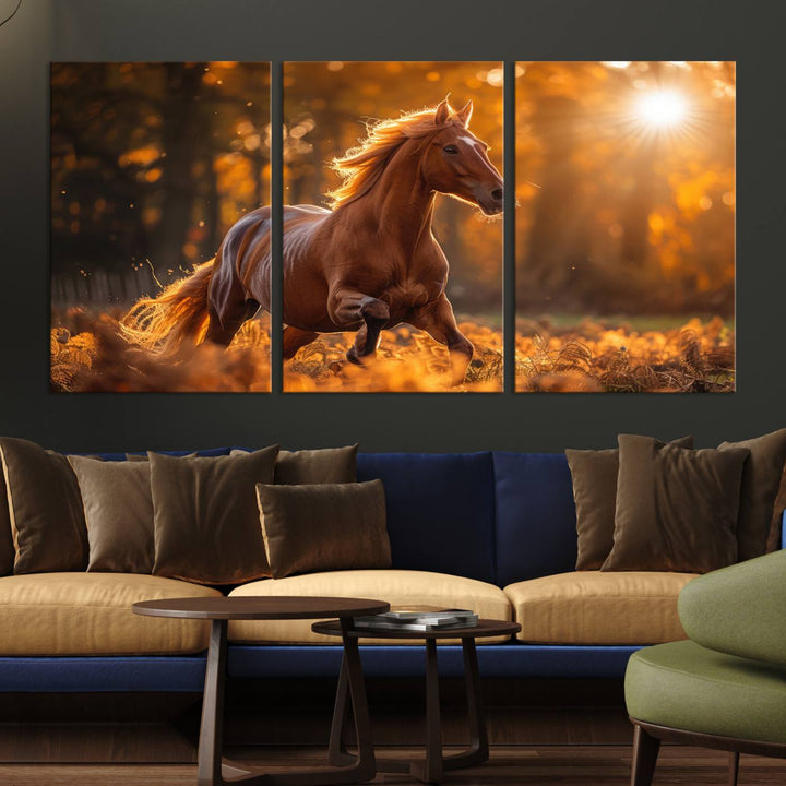 The Running Horse Sunset Forest Wall Art Canvas Print showcases a gallop in an autumn forest with sunlight streaming through the trees.