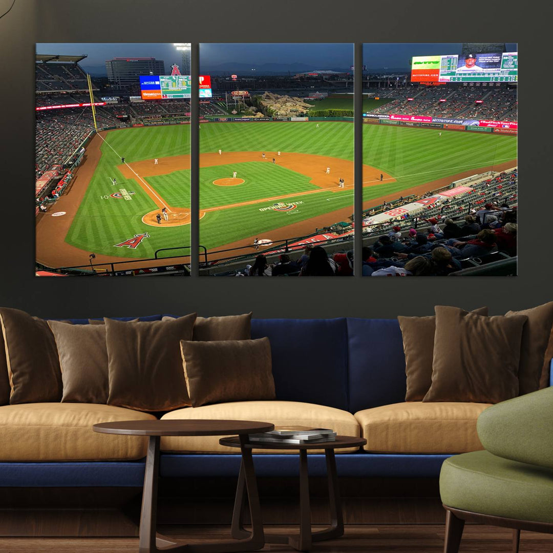 The Angel Stadium Aerial View canvas print of an Angels baseball game is showcased.