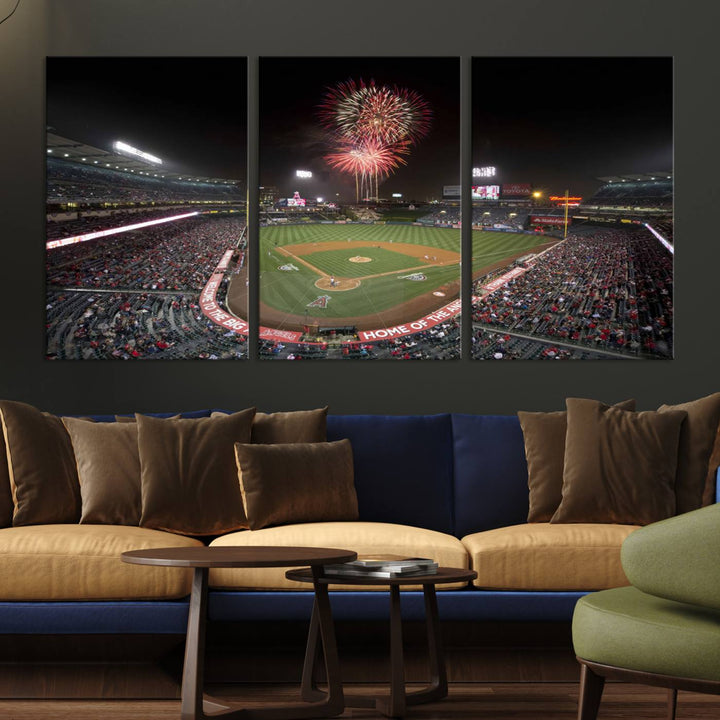 Fireworks at Angel Stadium – LA Angels Night Game Canvas Print, framed and ready to hang.