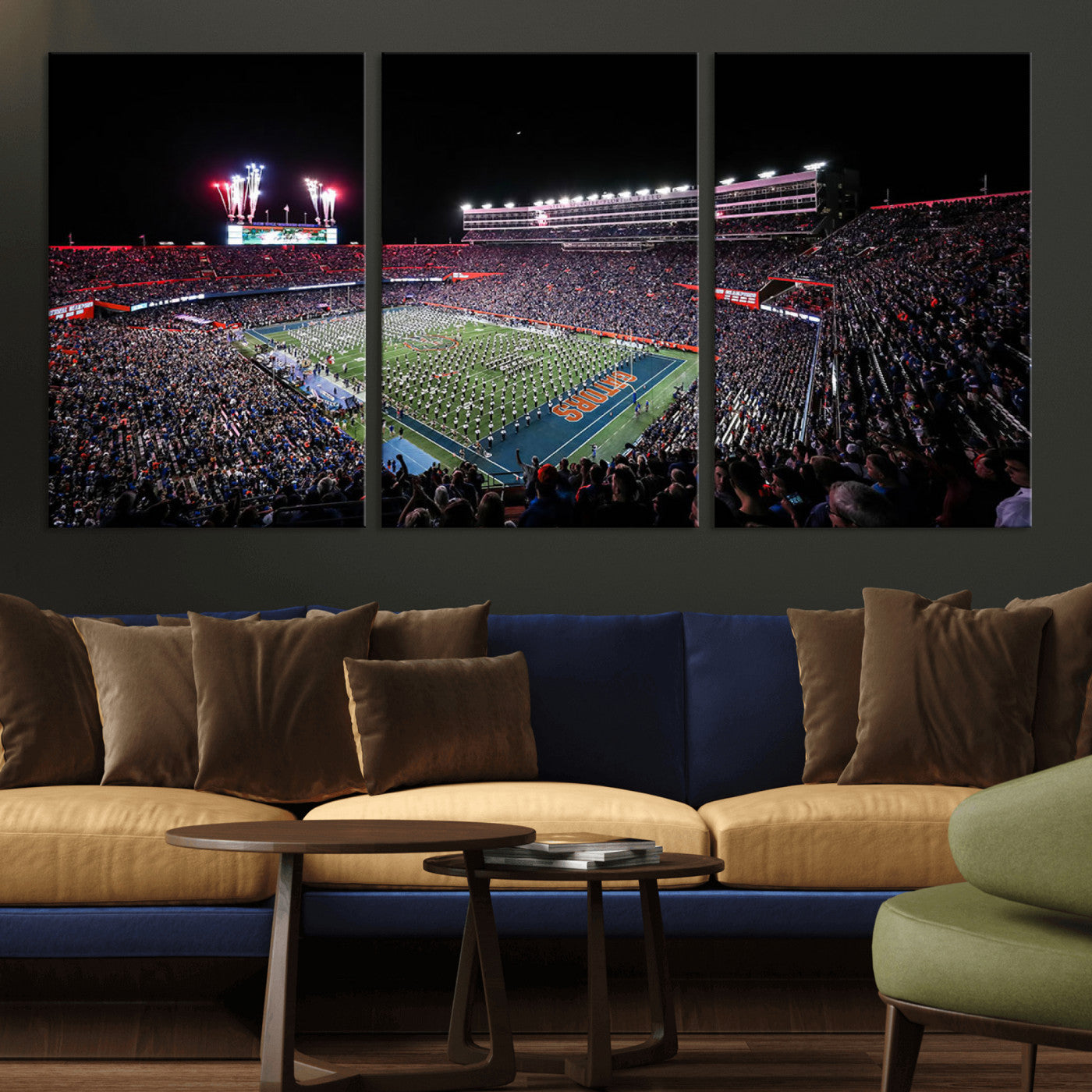 MGV-CV-60X30-3P - Ben Hill Griffin Stadium Night Game Triple Canvas Wall Art - Florida Gators Football Match