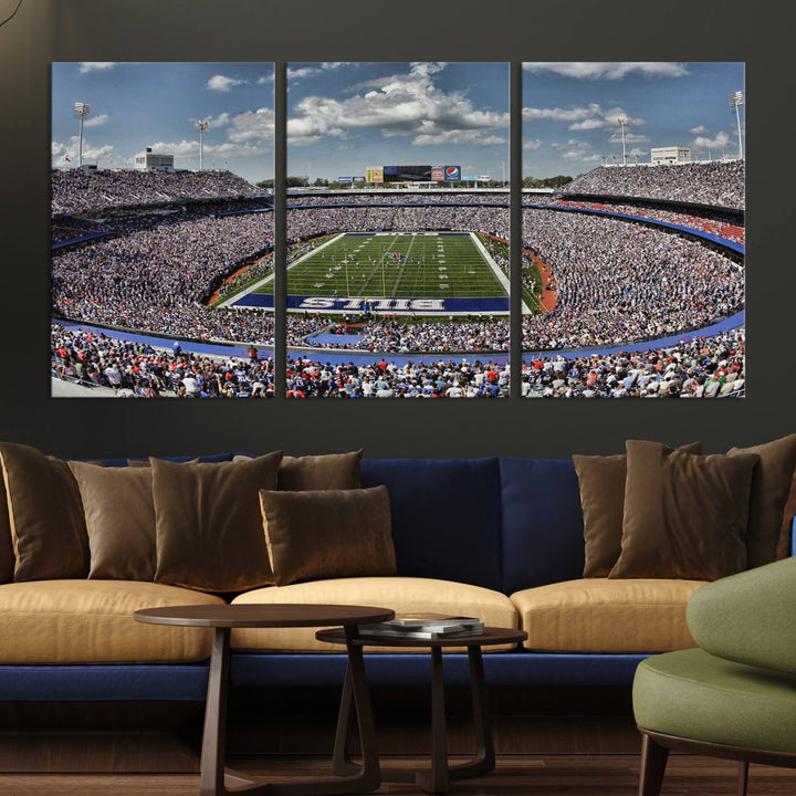 Our Buffalo Bills Game Day Canvas captures a vibrant scene at Highmark Stadium, with a lively crowd under a partly cloudy sky.