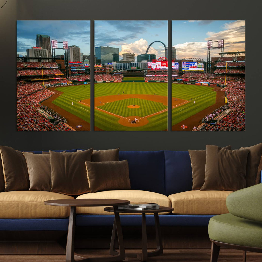 A Busch Stadium canvas print featuring a cityscape, ideal for enhancing living room or man cave sports decor.