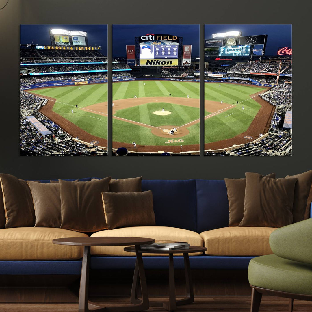 The wall is adorned with a 3-panel Citi Field Wall Art Print, framed for sports-themed decor.