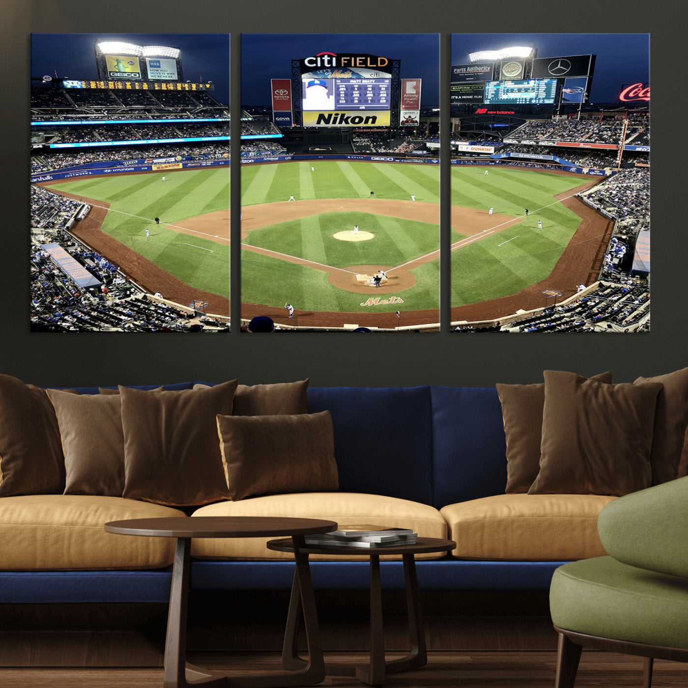 MGV-CV-60X30-3P - Citi Field Wall Art Print | 3-Panel New York Mets Baseball Stadium Canvas Print | Framed Sports Decor for Living Room, Man Cave, or Office Decor