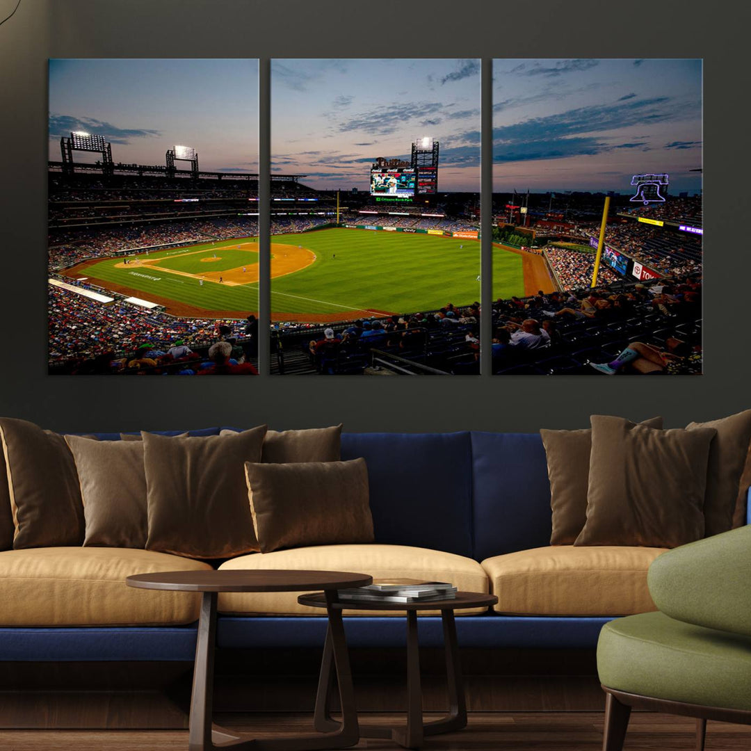 A wall art piece depicting the Philadelphia Phillies Citizens Bank Park Stadium at dusk.